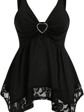 Black Lace Hem Heart-Accent Tank Top
